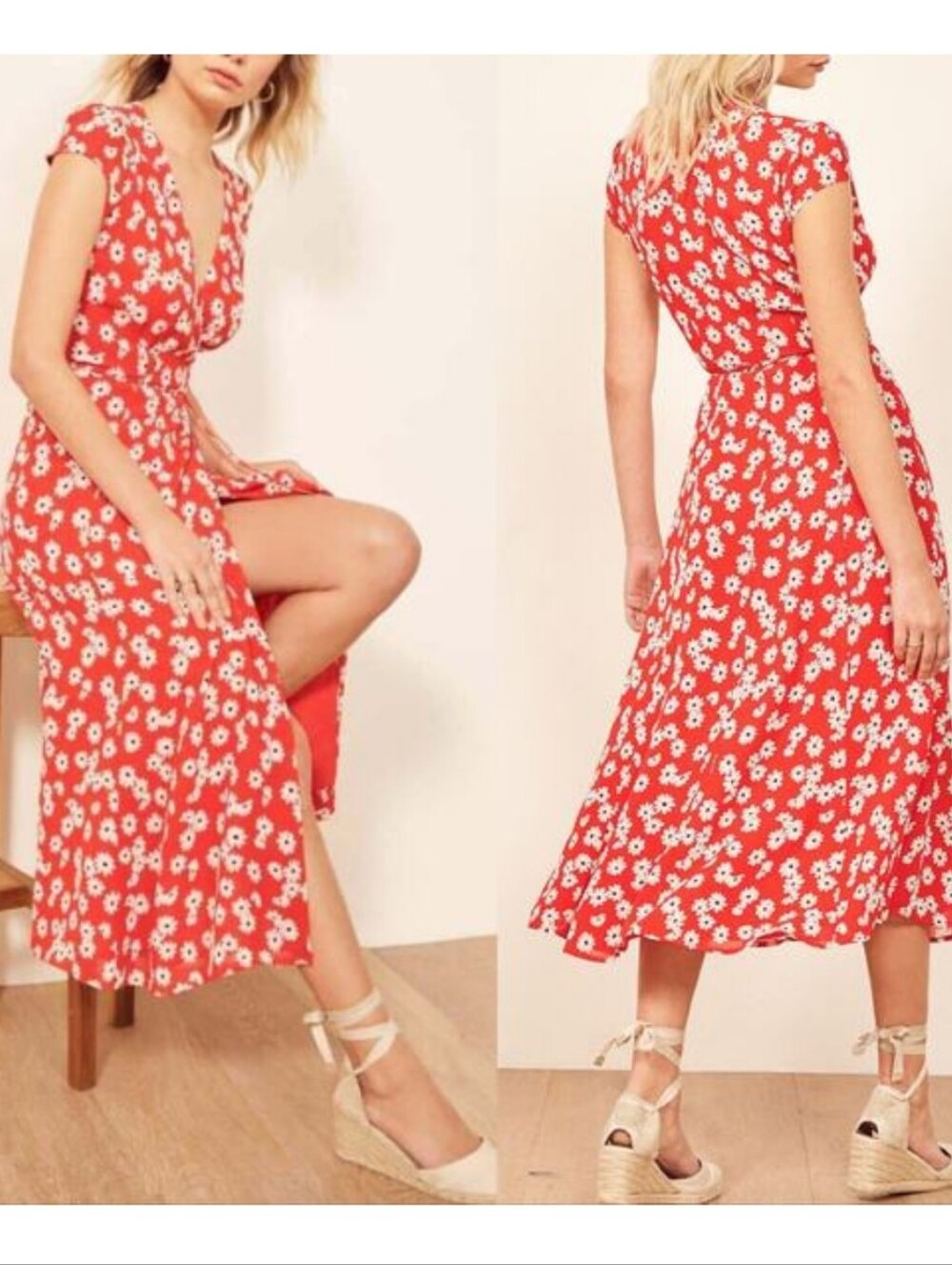 Reformation Carina Wrap Midi Dress Oopsie Daisy Red